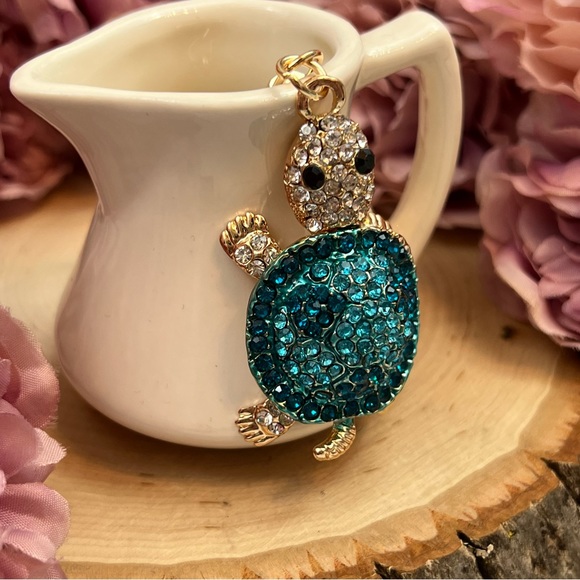 Blue and Silver Crystal Turtle Keychain Charm - Picture 3 of 16